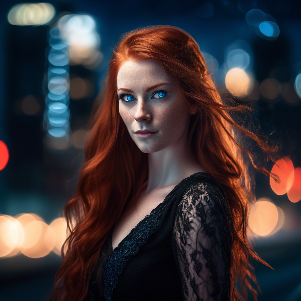 A striking portrait of a woman with long, flowing red hair and piercing blue eyes, wearing a sleek black gown with intricate lace details. She stands against a blurred background of sparkling city lights at dusk. Captured in 8K resolution with a 50mm lens, soft bokeh, and warm, soft lighting highlighting her face and hair. The mood is sophisticated and intimate.