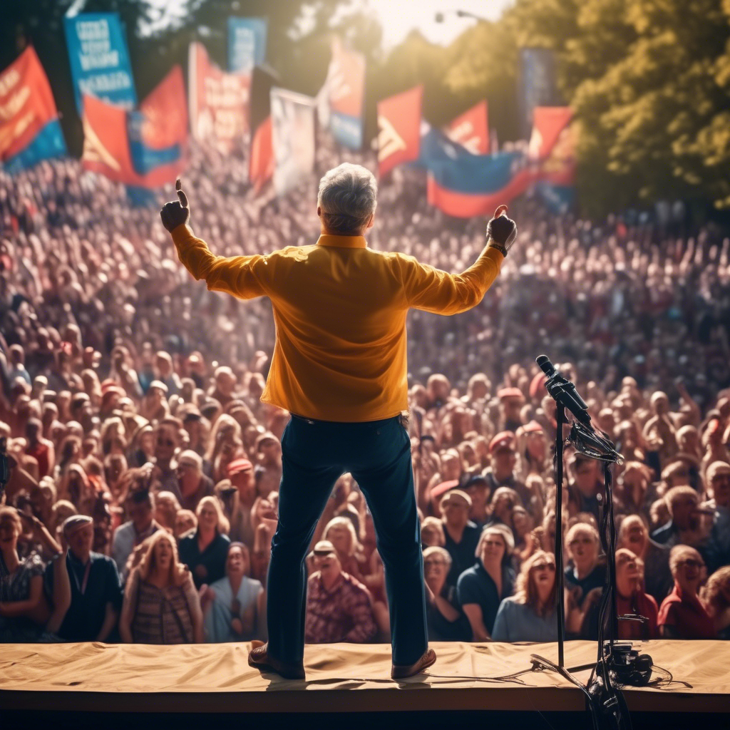 "Political Rally with a Charismatic Speaker" A charismatic speaker addressing a large, cheering crowd in an outdoor rally. The stage is adorned with banners, and the atmosphere is vibrant and energetic. Rendered in 8K with wide-angle lens effects and dynamic lighting.