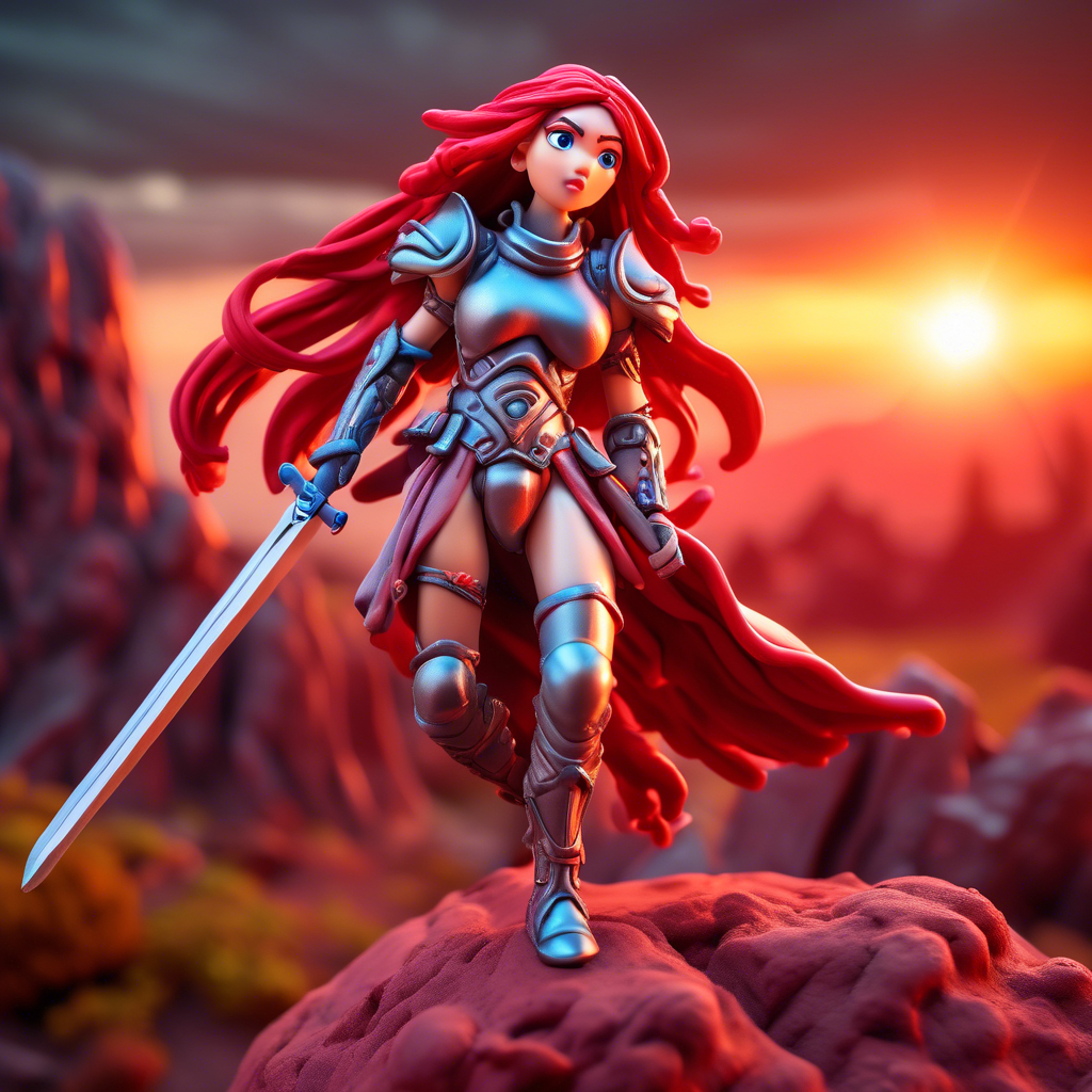 "Warrior Anime Girl in Battle Armor" A strong anime girl with flowing red hair, wielding a massive sword. She wears futuristic battle armor, standing atop a cliff overlooking a battlefield at sunset. Captured in 8K with dramatic lighting and vivid detail.
