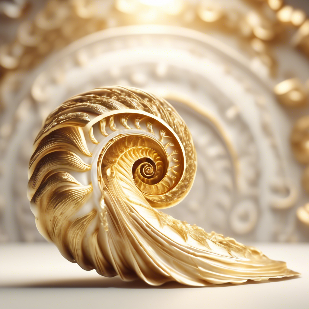 A swirling golden shell with intricate Fibonacci spirals, illuminated by soft ambient light in a minimalistic white background